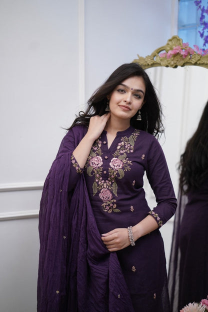 Purple Cotton Embroidered Kurta Pant And Dupatta Set