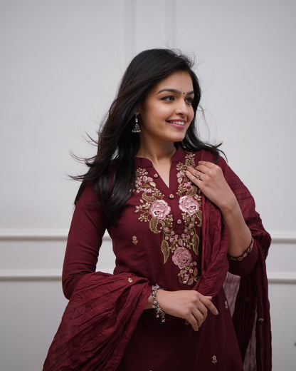 Maroon Cotton Embroidered Kurta Pant And Dupatta Set