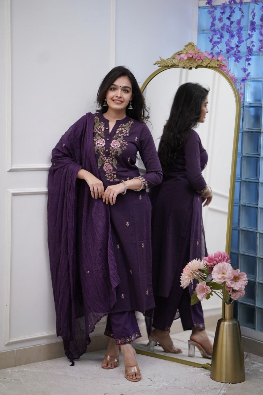 purple cotton embroidered kurta pant and dupatta set
