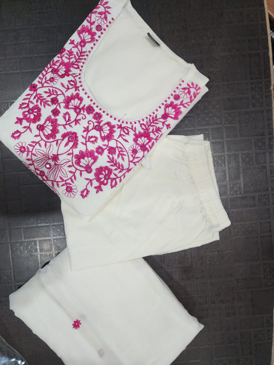 white cotton kurta and pant set with kasmiri pink embroidery
