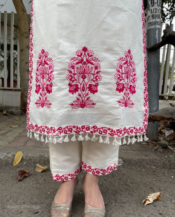 white cotton kurta and pant set with kasmiri pink embroidery