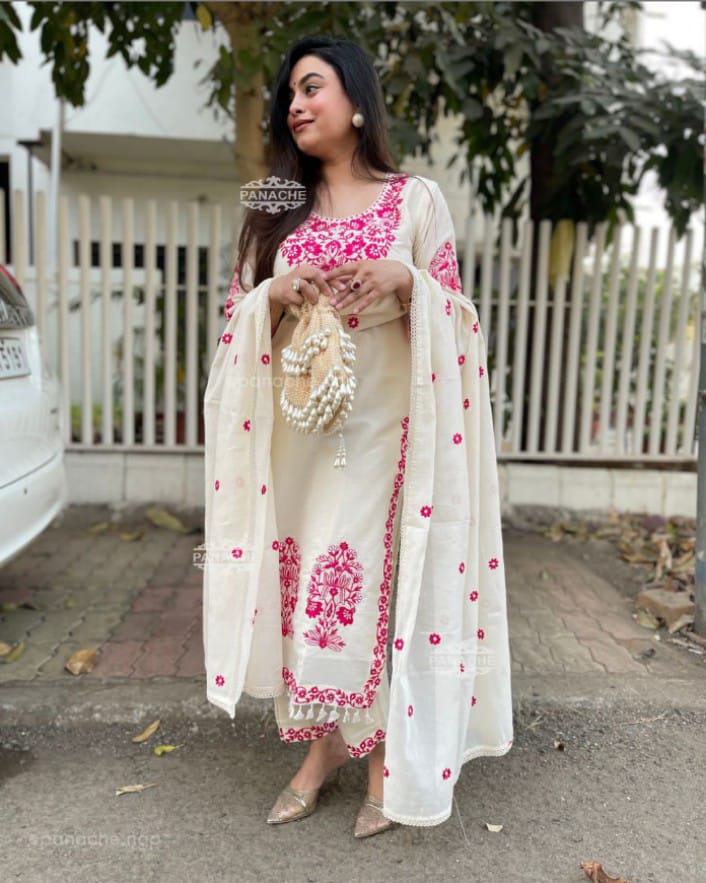 white cotton kurta and pant set with kasmiri pink embroidery