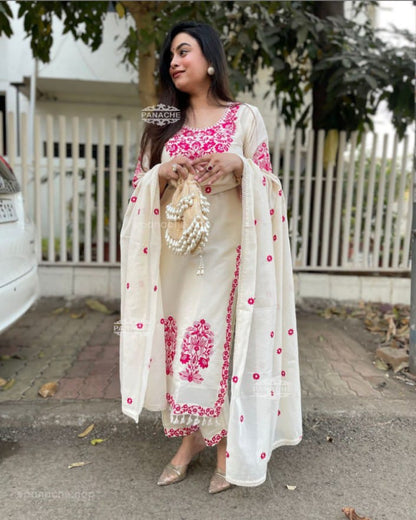 White Cotton Kurta And Pant Set With Kasmiri Pink Embroidery