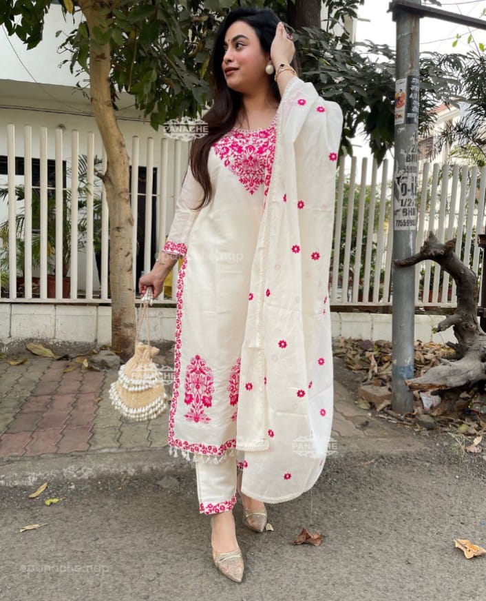 white cotton kurta and pant set with kasmiri pink embroidery