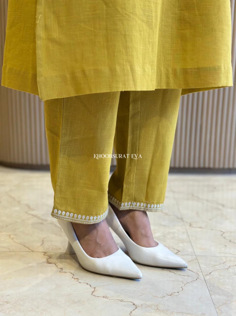 natural cotton slub yellow kurti & pant