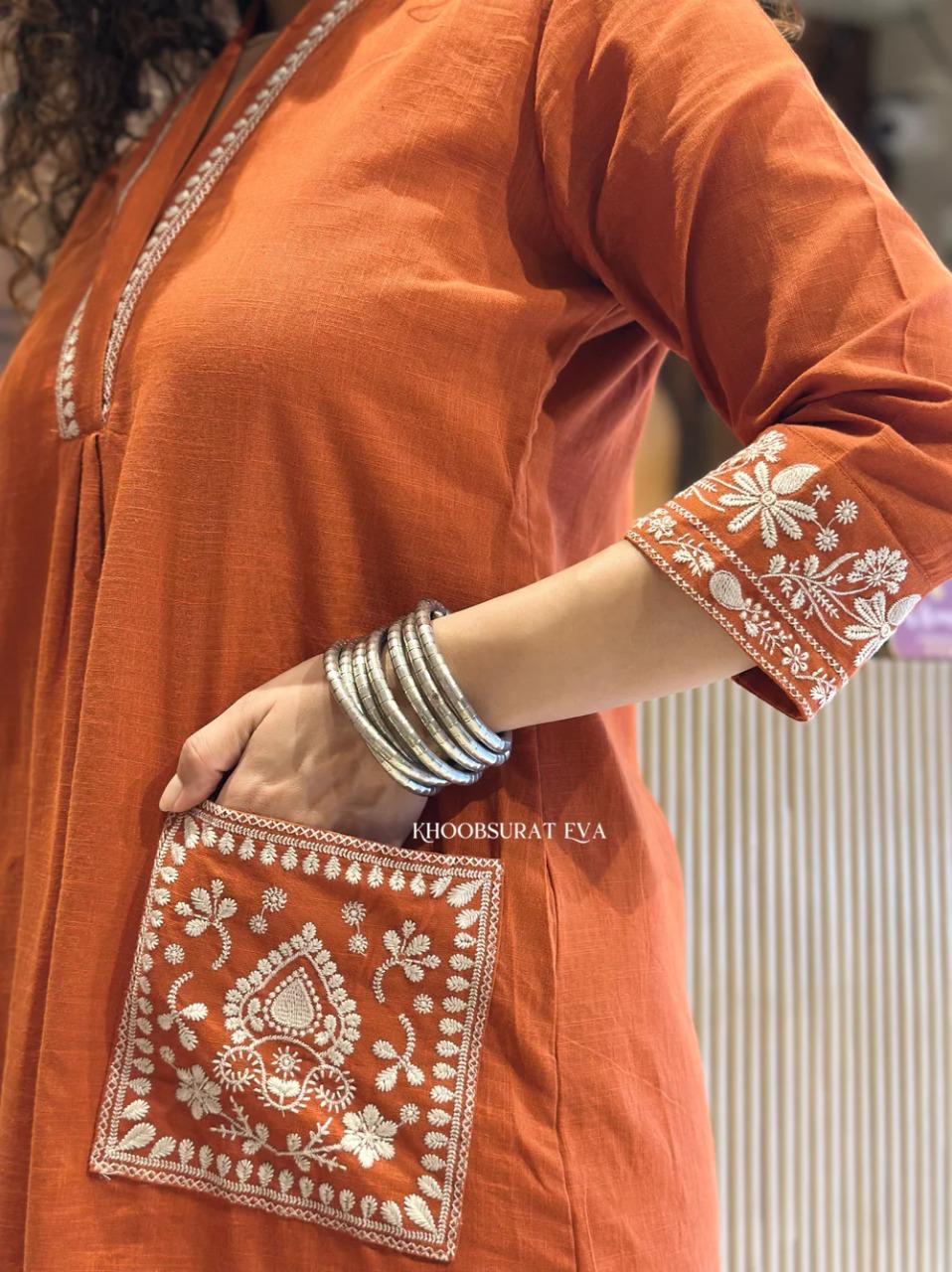 natural cotton slub orange kurti & pant