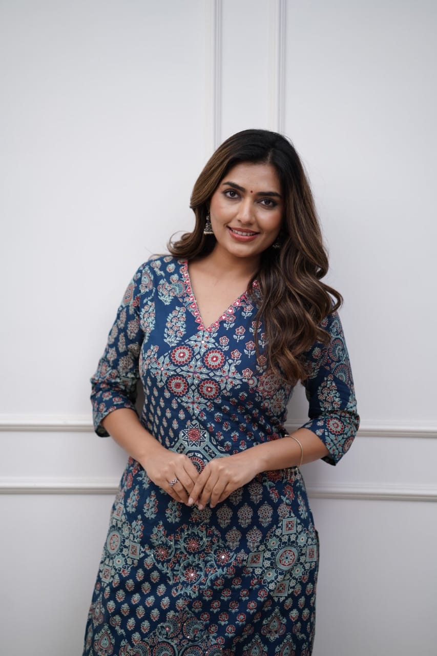 blue printed design fancy attractive kurta with bottomwear sets