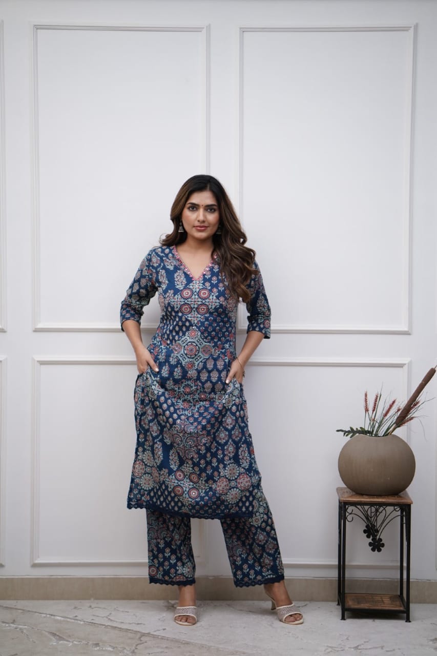 blue printed design fancy attractive kurta with bottomwear sets