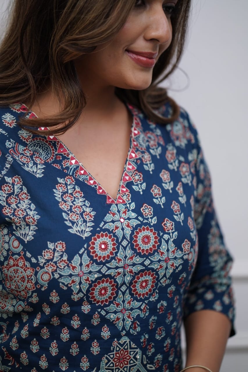 blue printed design fancy attractive kurta with bottomwear sets