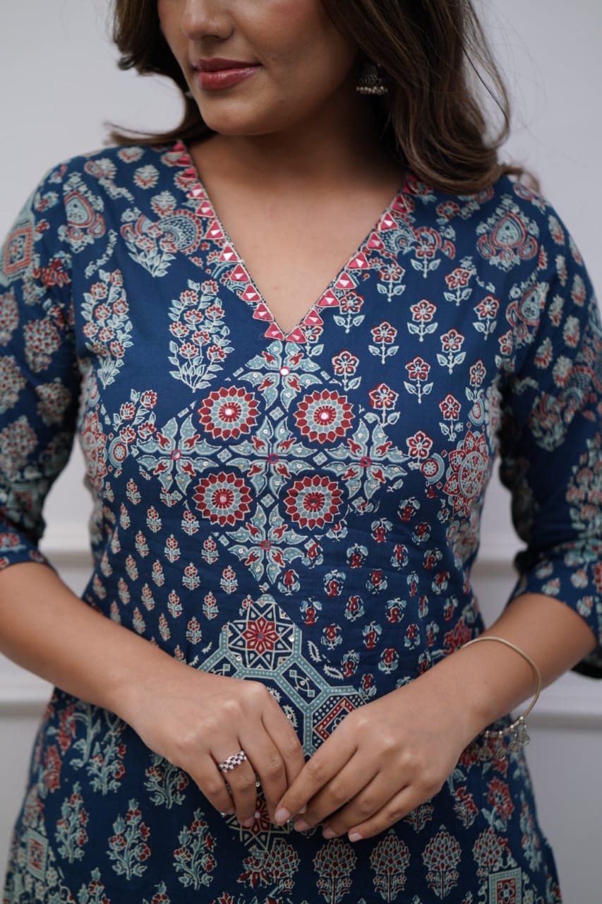 blue printed design fancy attractive kurta with bottomwear sets