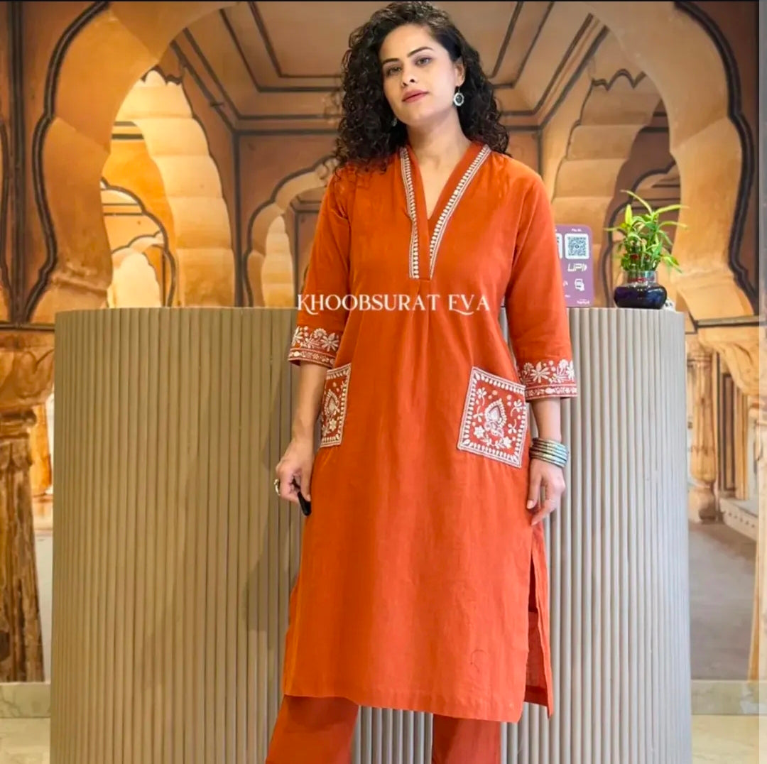 natural cotton slub orange kurti & pant