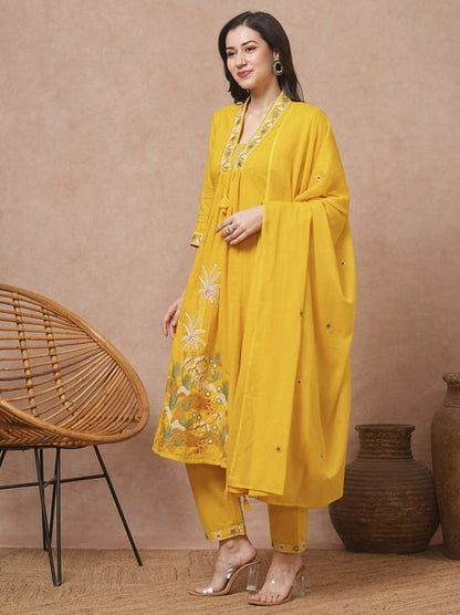 Solid Floral Embroidered A-Line  Kurta With Pant & Dupatta - Yellow