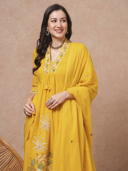 Solid Floral Embroidered A-Line  Kurta With Pant & Dupatta - Yellow