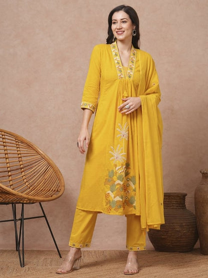 Solid Floral Embroidered A-Line  Kurta With Pant & Dupatta - Yellow