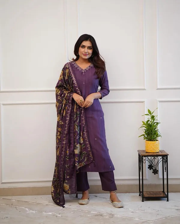 purple embroider and zari work rayon straight kurta and pant  with silk dupatta set