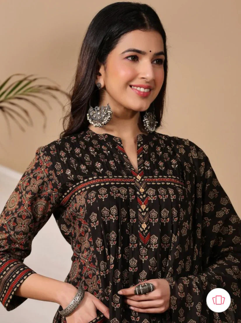 black ethnic motifs printed regular pure cotton kurta with trousers & dupatta