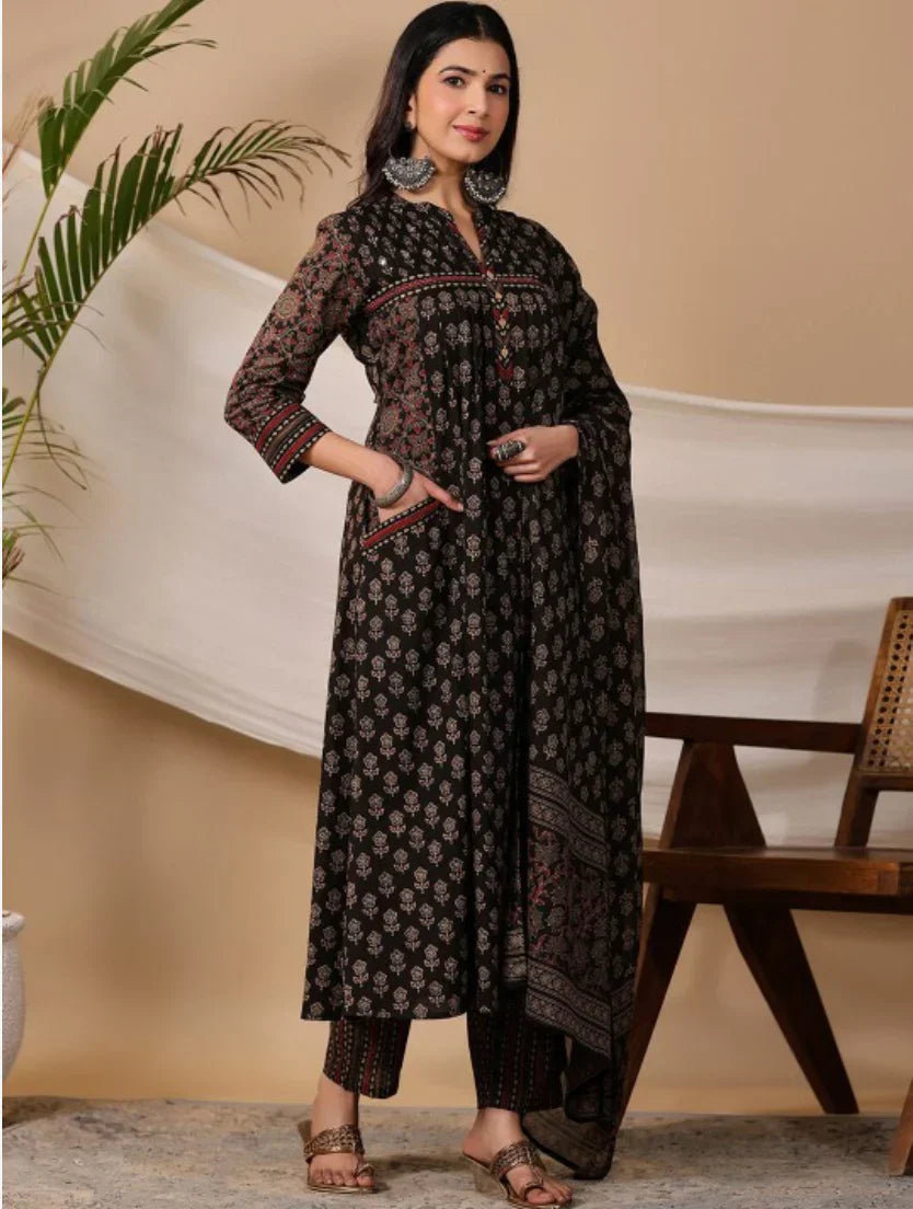black ethnic motifs printed regular pure cotton kurta with trousers & dupatta
