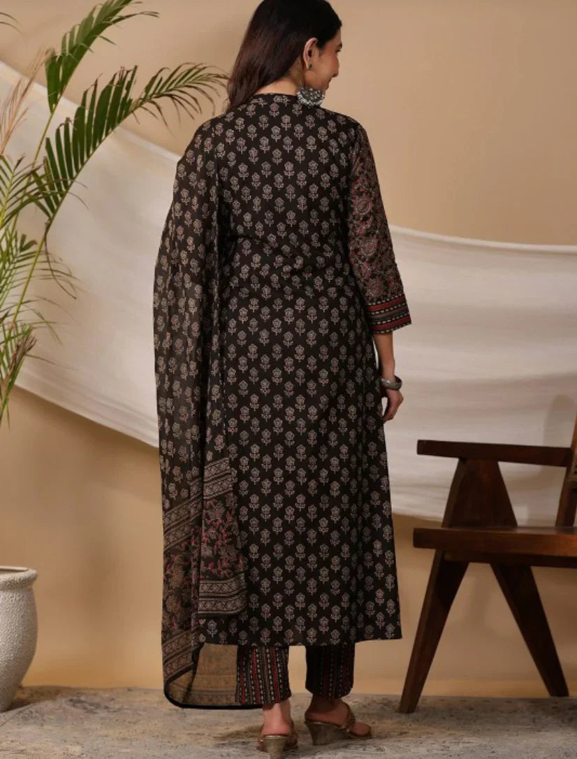 black ethnic motifs printed regular pure cotton kurta with trousers & dupatta