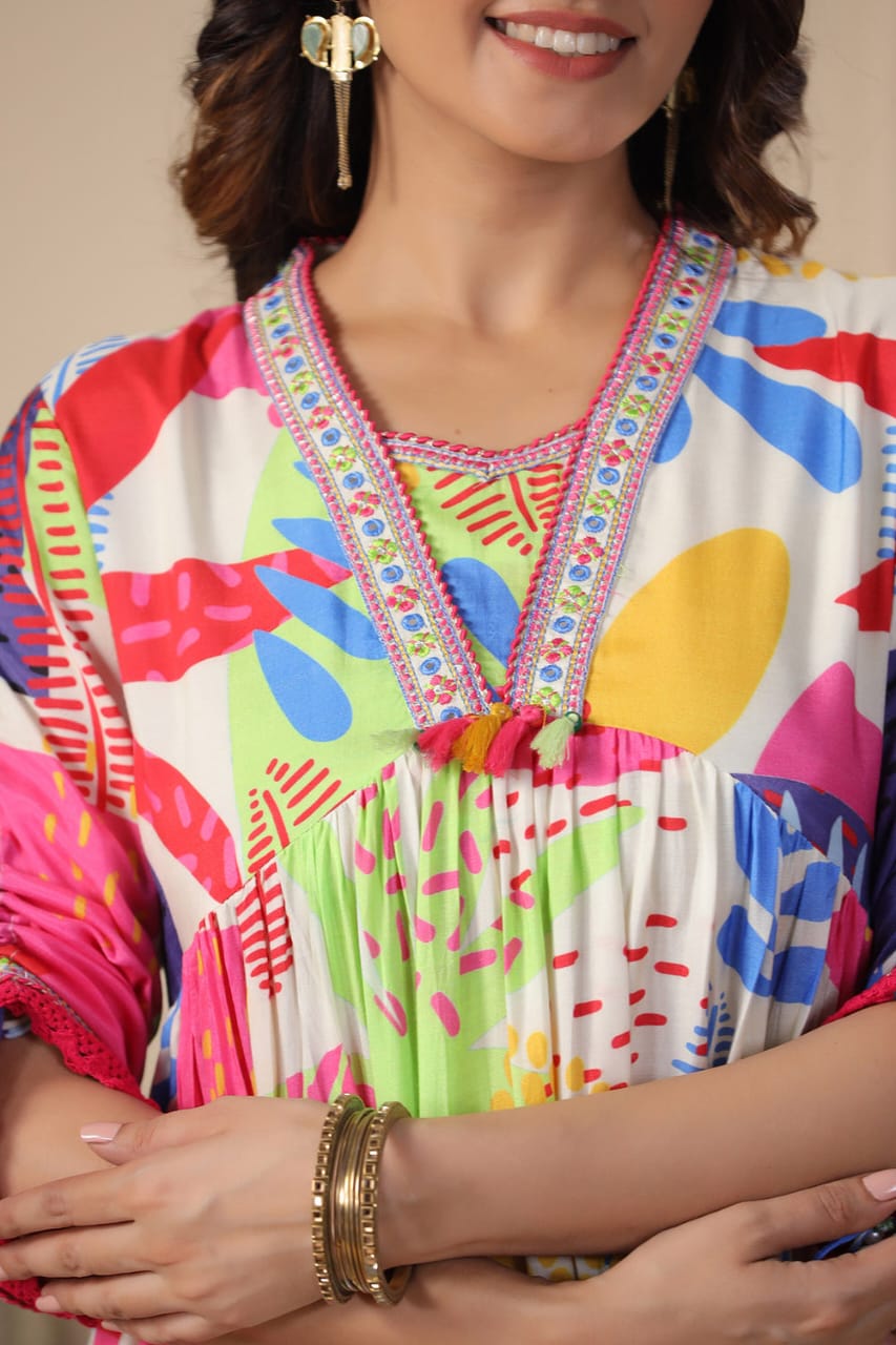 cream anarkali cotton printed floral blunt v abstract set