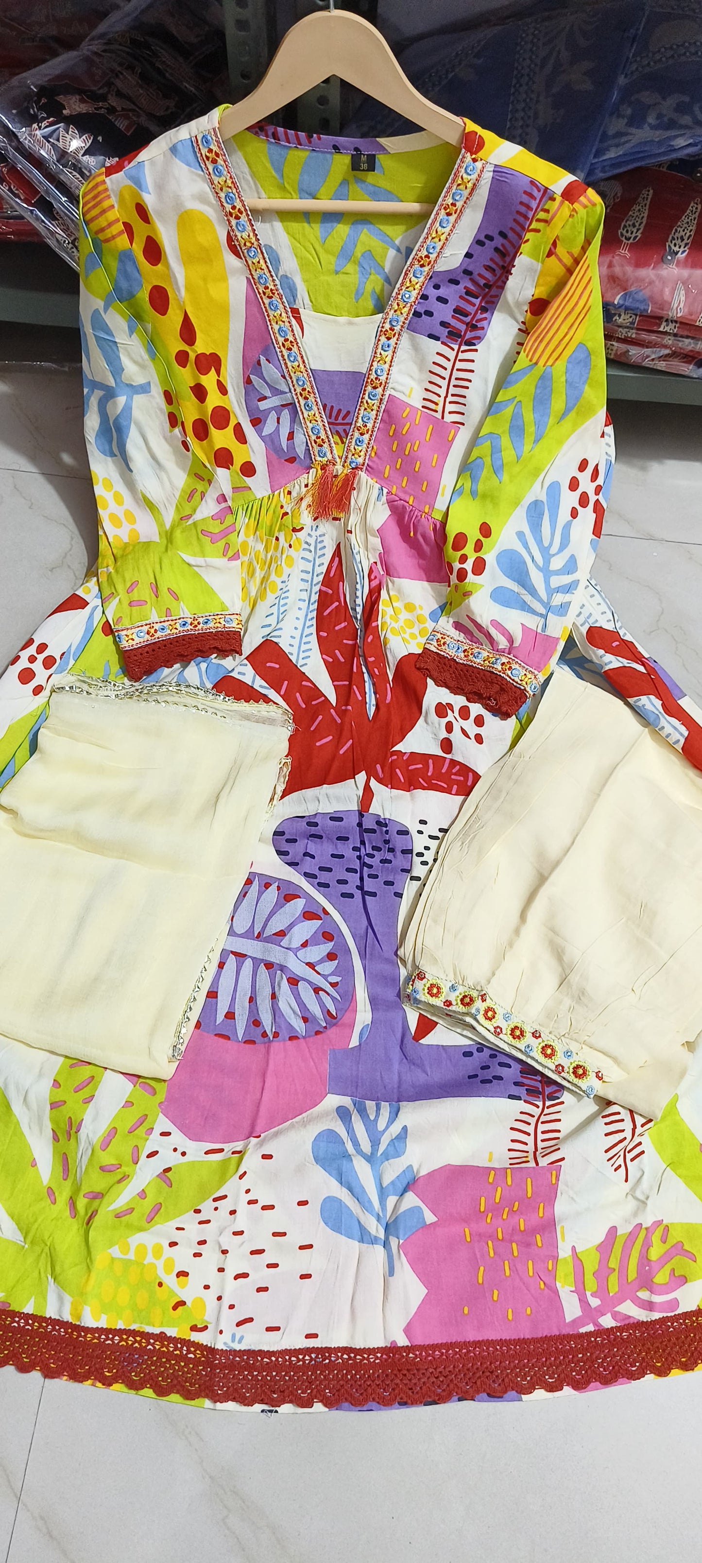 cream anarkali cotton printed floral blunt v abstract set