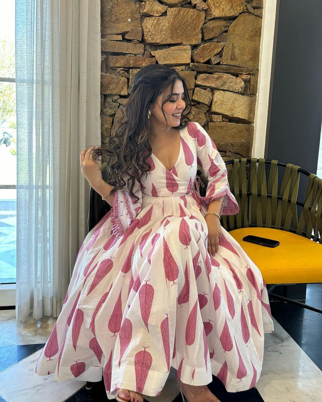 Blush Pink Leaf Print Cotton Dress for Women