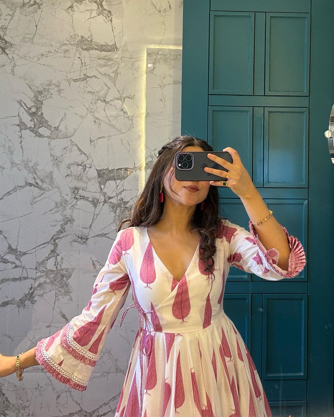 Blush Pink Leaf Print Cotton Dress for Women