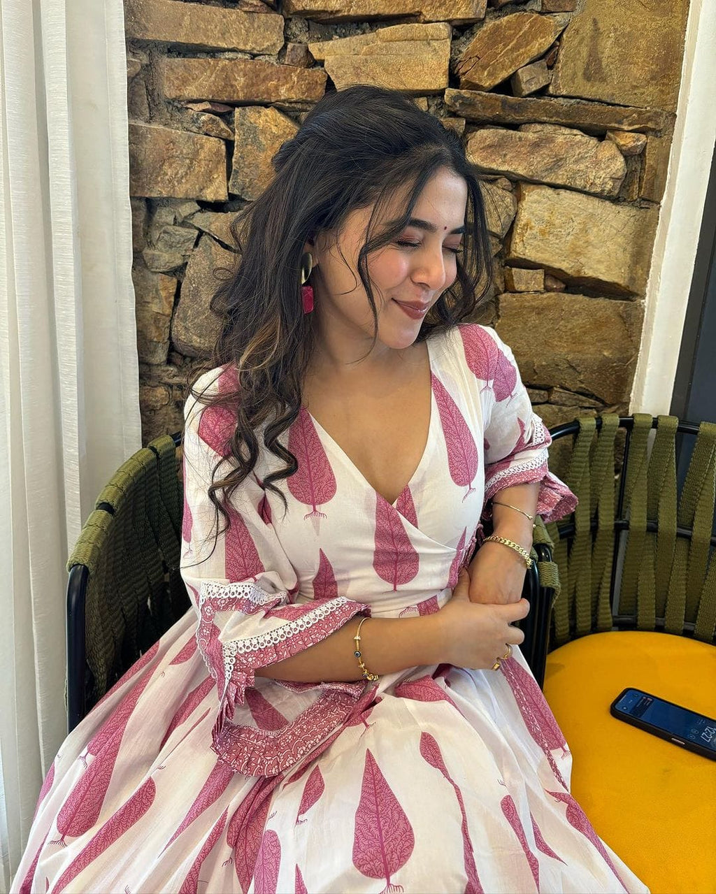 Blush Pink Leaf Print Cotton Dress for Women