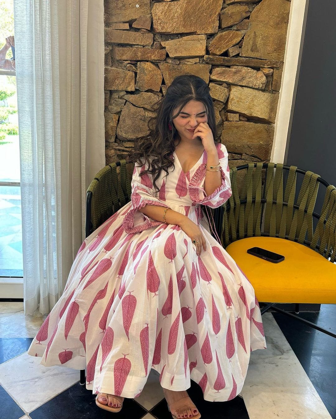 Blush Pink Leaf Print Cotton Dress for Women