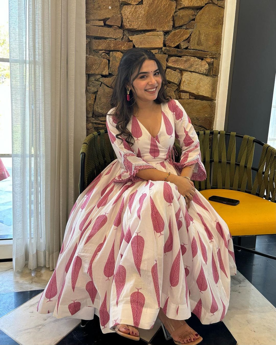 Blush Pink Leaf Print Cotton Dress for Women