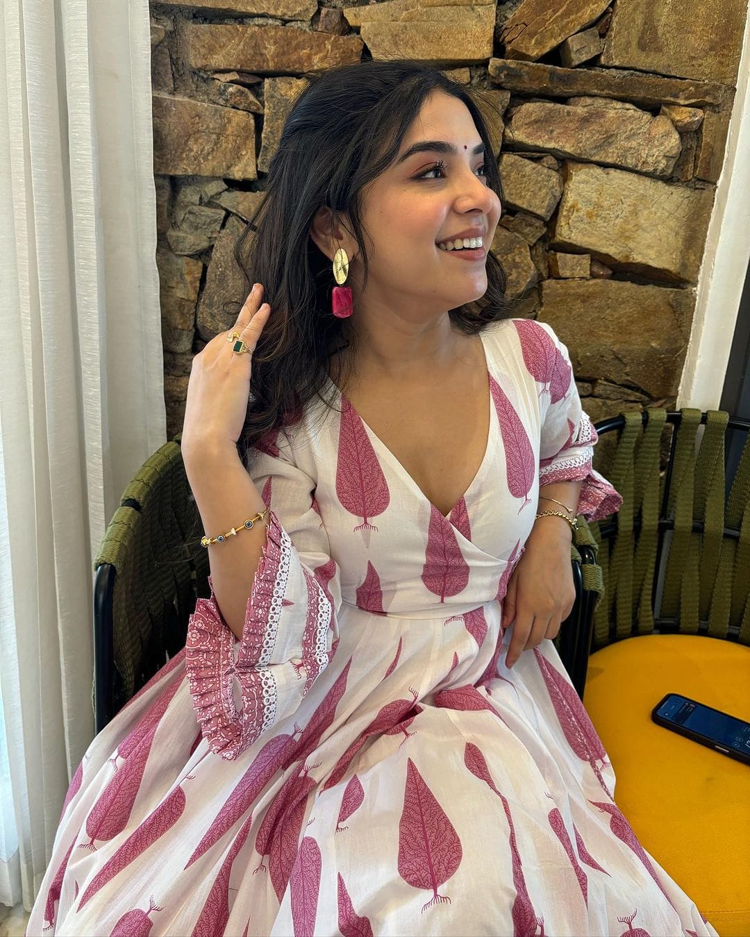 Blush Pink Leaf Print Cotton Dress for Women