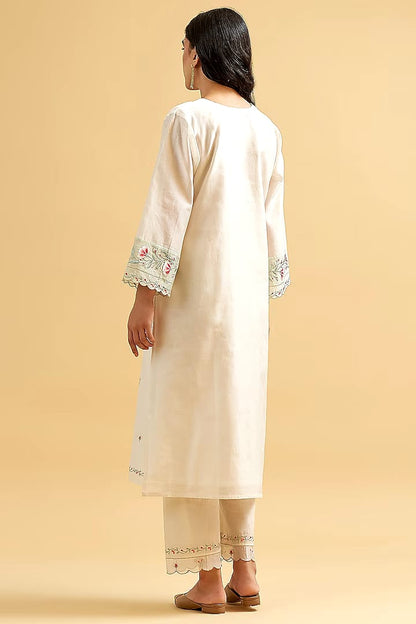 Off White Cotton Silk Chanderi Round Embroidered Kurta With Scalloped Sleeves