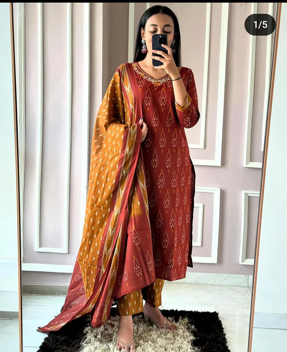 Yellow Mustard Ikat Print Cotton Suit Set for Women with Dupatta