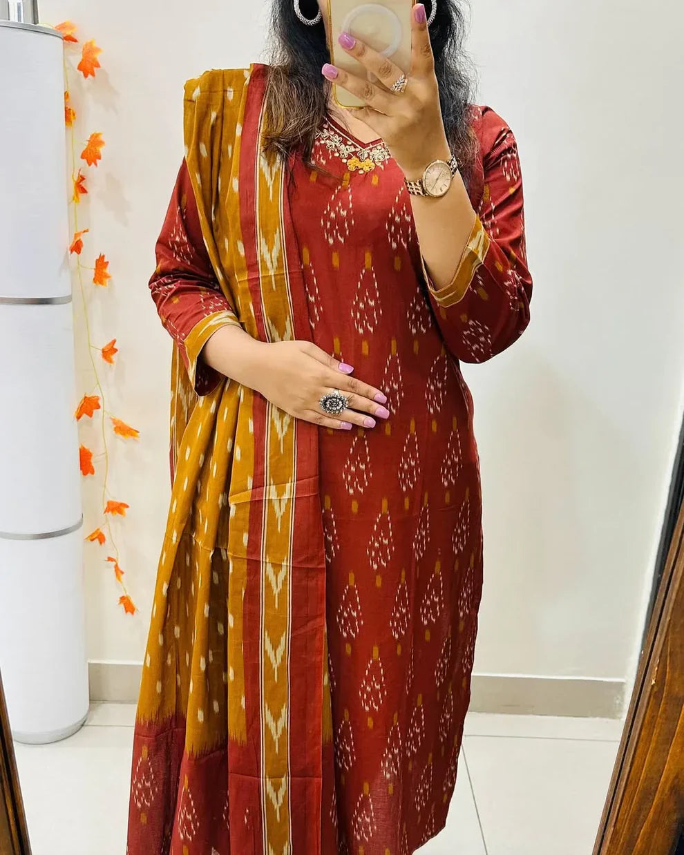 Yellow Mustard Ikat Print Cotton Suit Set for Women with Dupatta