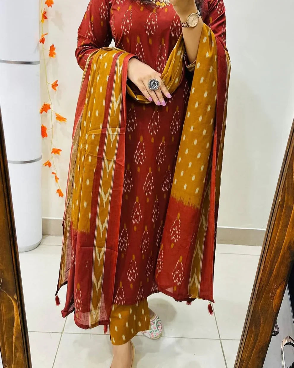 Yellow Mustard Ikat Print Cotton Suit Set for Women with Dupatta