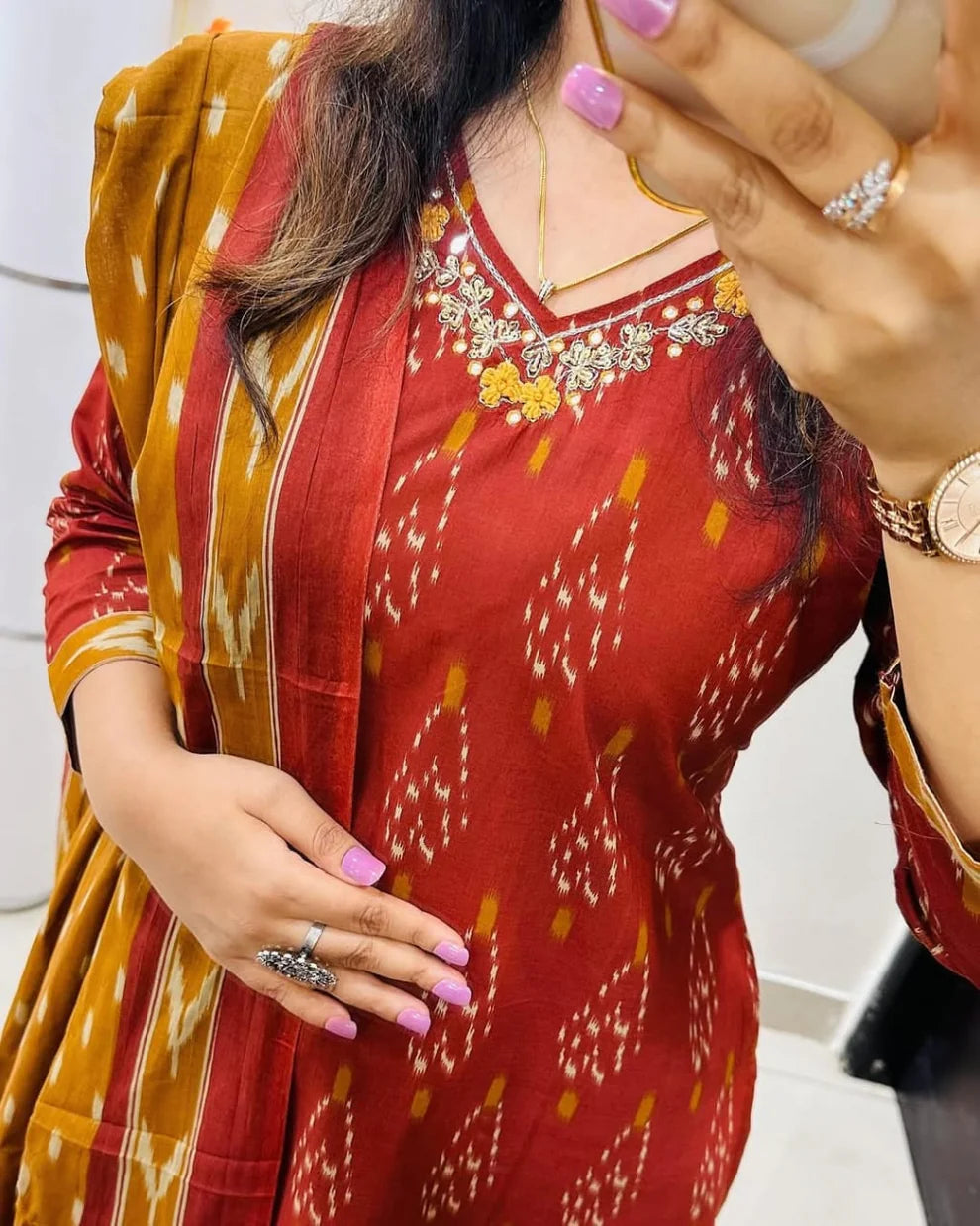Yellow Mustard Ikat Print Cotton Suit Set for Women with Dupatta