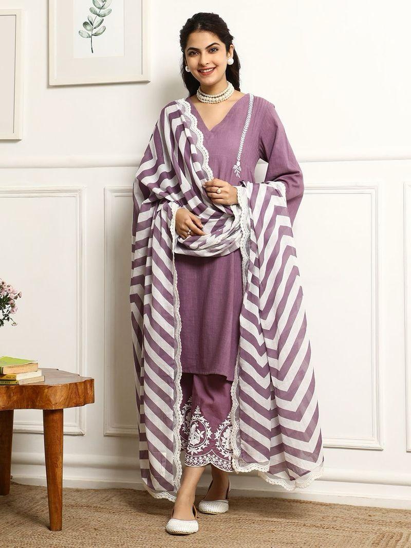 purple embroidered cotton kurta with pant and dupatta set