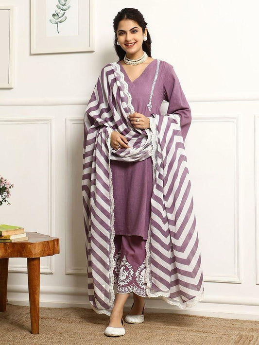 Purple Embroidered Cotton Kurta With Pant And Dupatta Set