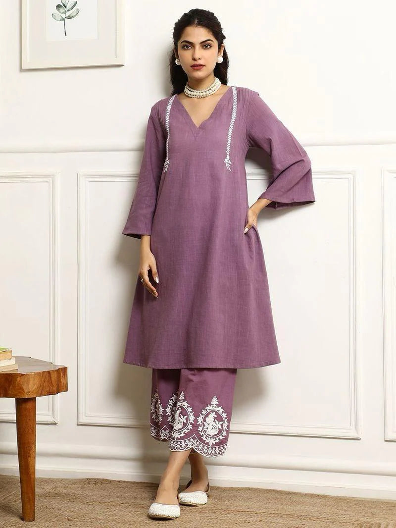 purple embroidered cotton kurta with pant and dupatta set