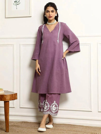 Purple Embroidered Cotton Kurta With Pant And Dupatta Set