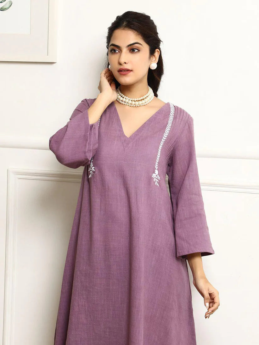 purple embroidered cotton kurta with pant and dupatta set