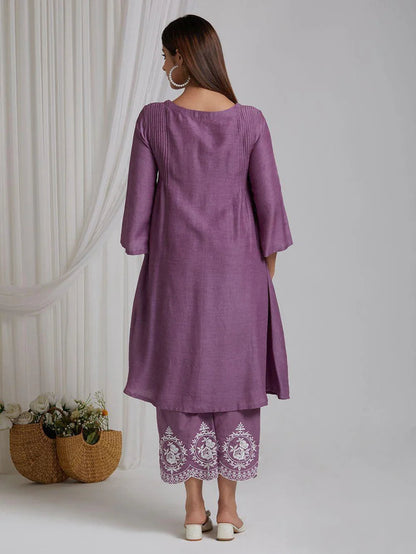 Purple Embroidered Cotton Kurta With Pant And Dupatta Set