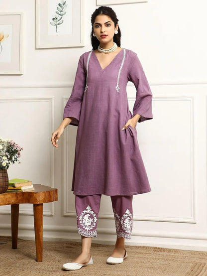 Purple Embroidered Cotton Kurta With Pant And Dupatta Set