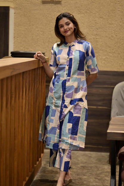 Jaipuri Abstract Print Cotton Kurta Set With Pants – Modern Co-Ord Style