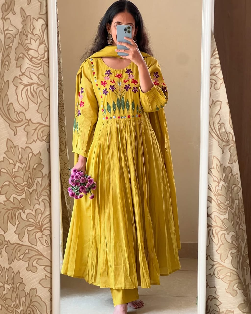 jaipuri vibrant yellow anarkali with floral embroidery