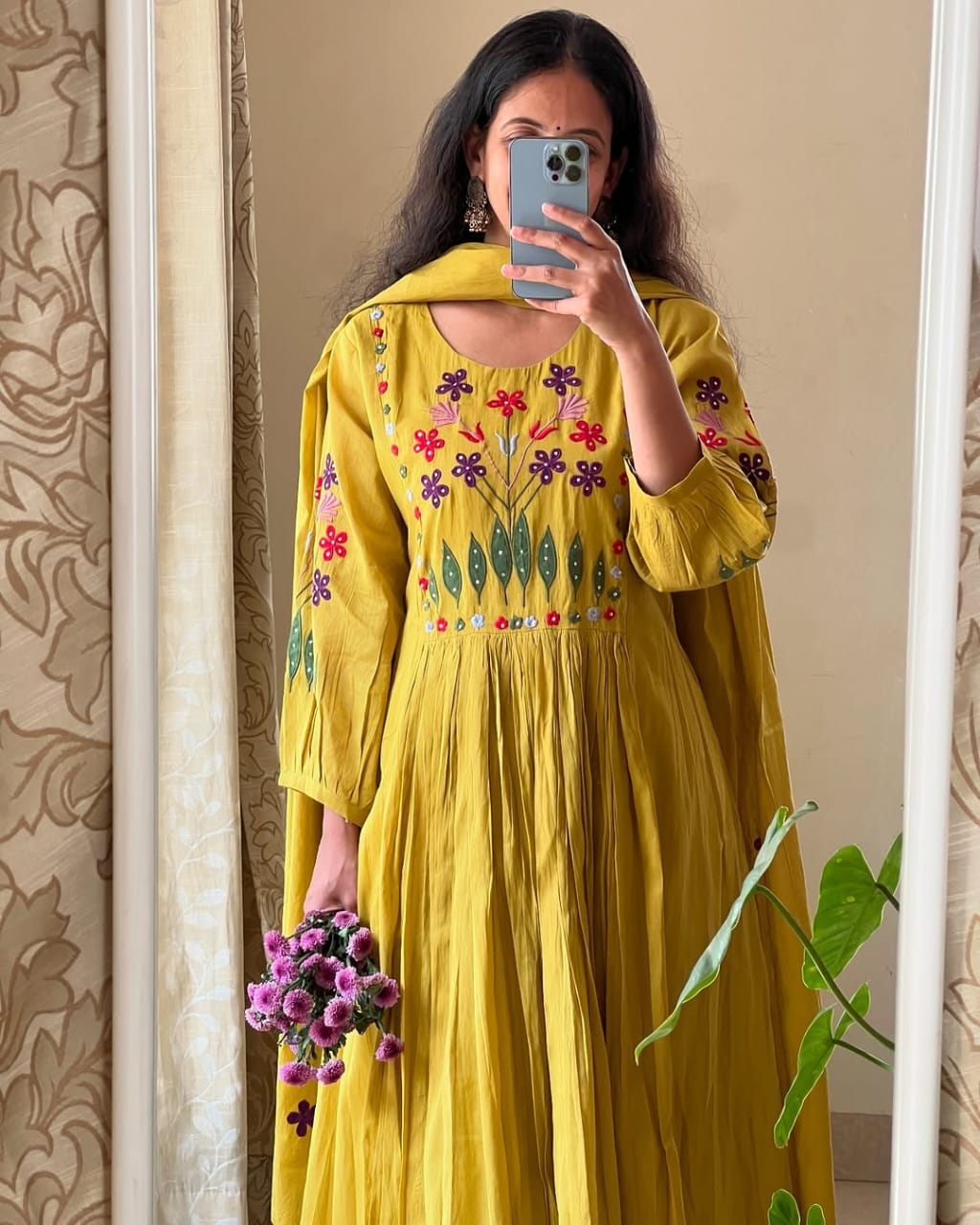 jaipuri vibrant yellow anarkali with floral embroidery