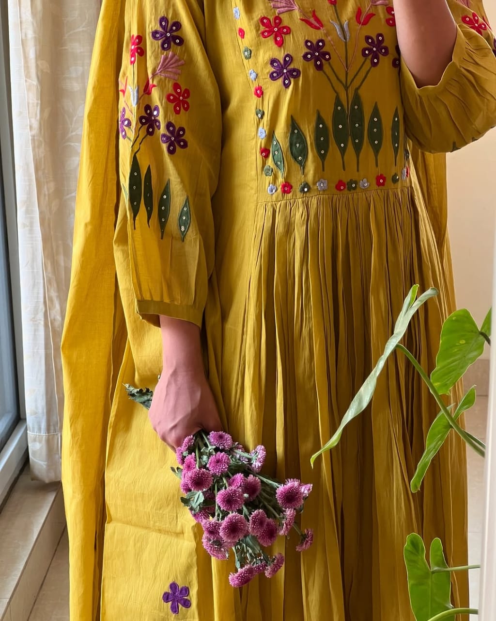 jaipuri vibrant yellow anarkali with floral embroidery