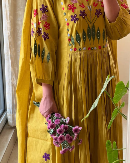 Jaipuri Vibrant Yellow Anarkali With Floral Embroidery