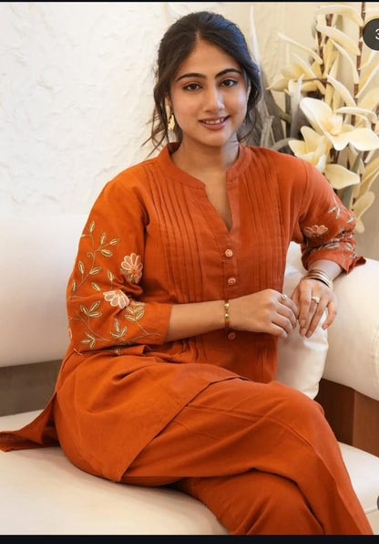 Jaipuri Elegant Rust Orange Embroidered Cotton Co-Ord Set