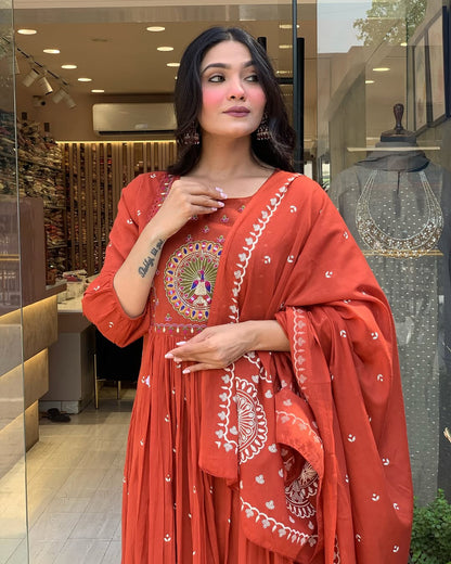 Latest And Trending Peacock Cotton Printed Anarkali And Pant With Dupatta Set ( Red )