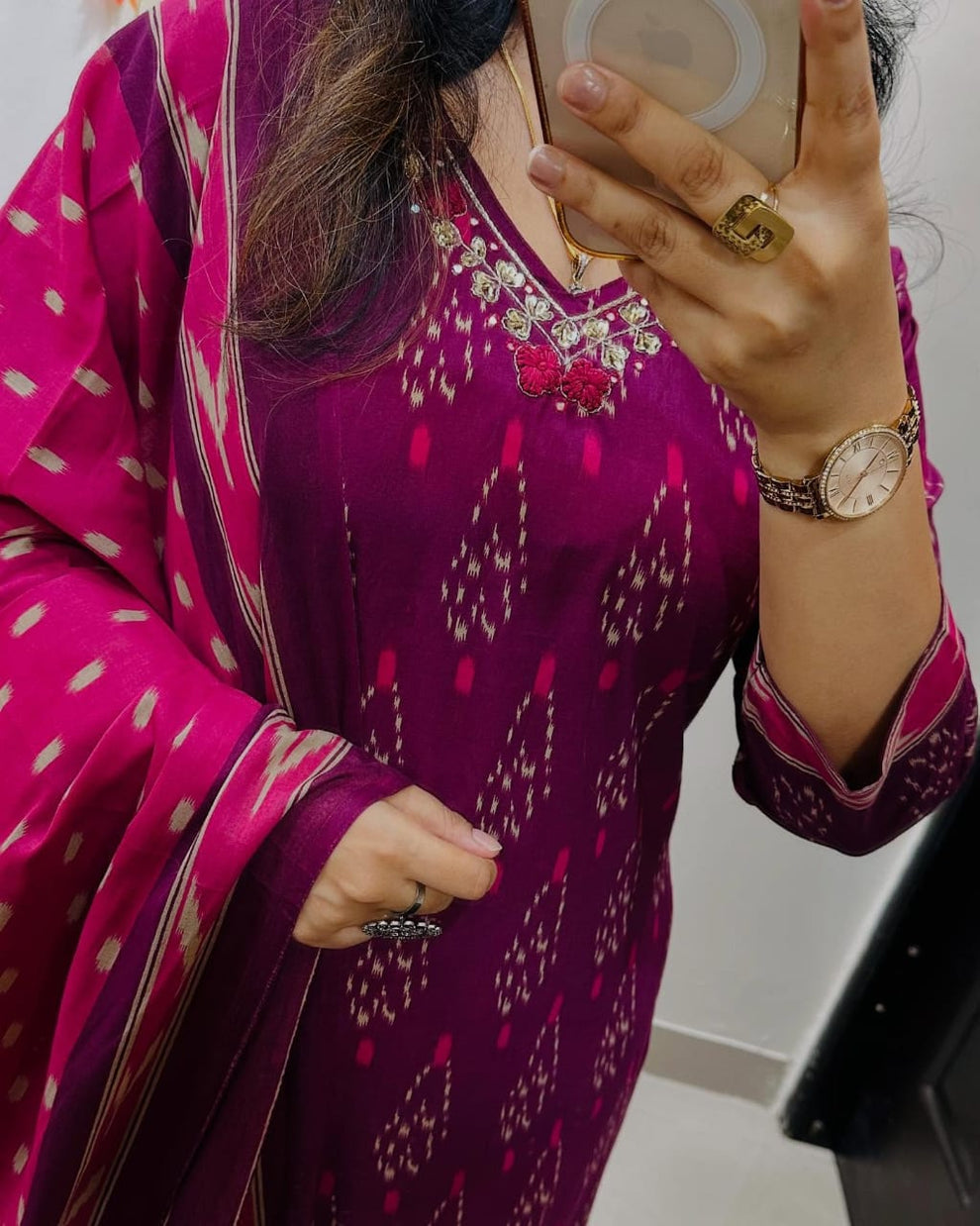 magenta ikka print cotton kurta set with contrast dupatta